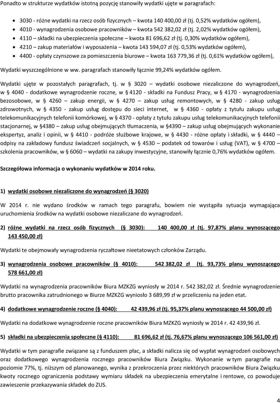 0,30% wydatków ogółem), 4210 zakup materiałów i wyposażenia kwota 143 594,07 zł (tj. 0,53% wydatków ogółem), 4400 - opłaty czynszowe za pomieszczenia biurowe kwota 163 779,36 zł (tj.