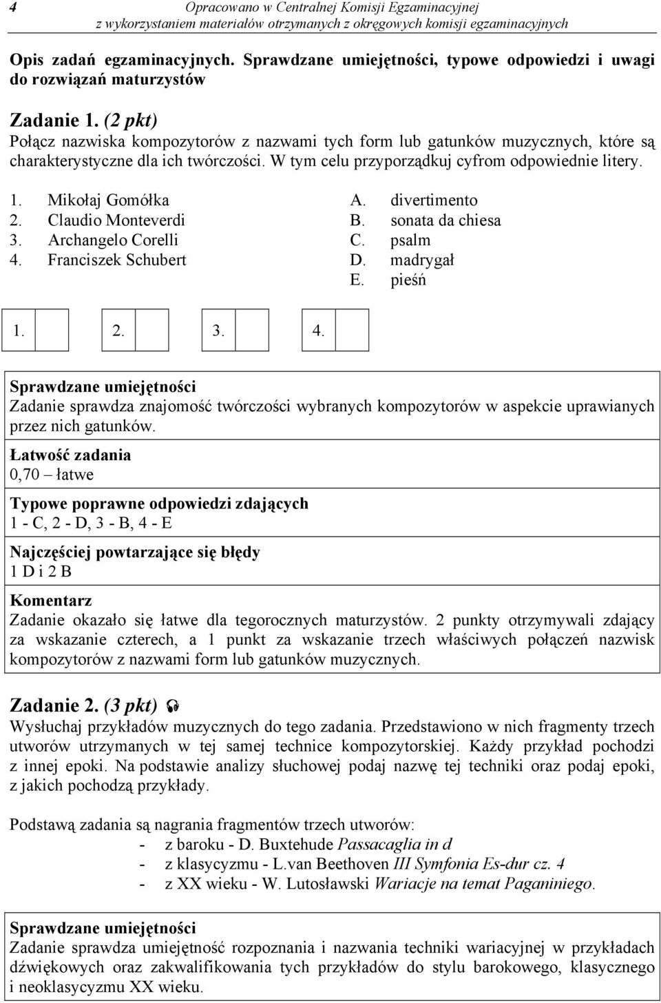 Mikołaj Gomółka A. divertimento 2. Claudio Monteverdi B. sonata da chiesa 3. Archangelo Corelli C. psalm 4.