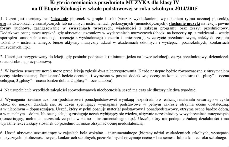 (niemetodycznych), słuchanie muzyki na lekcji, pewne formy ruchowe, zaangażowanie w ćwiczeniach twórczych, wiadomości z zakresu programu oraz zeszyt przedmiotowy.