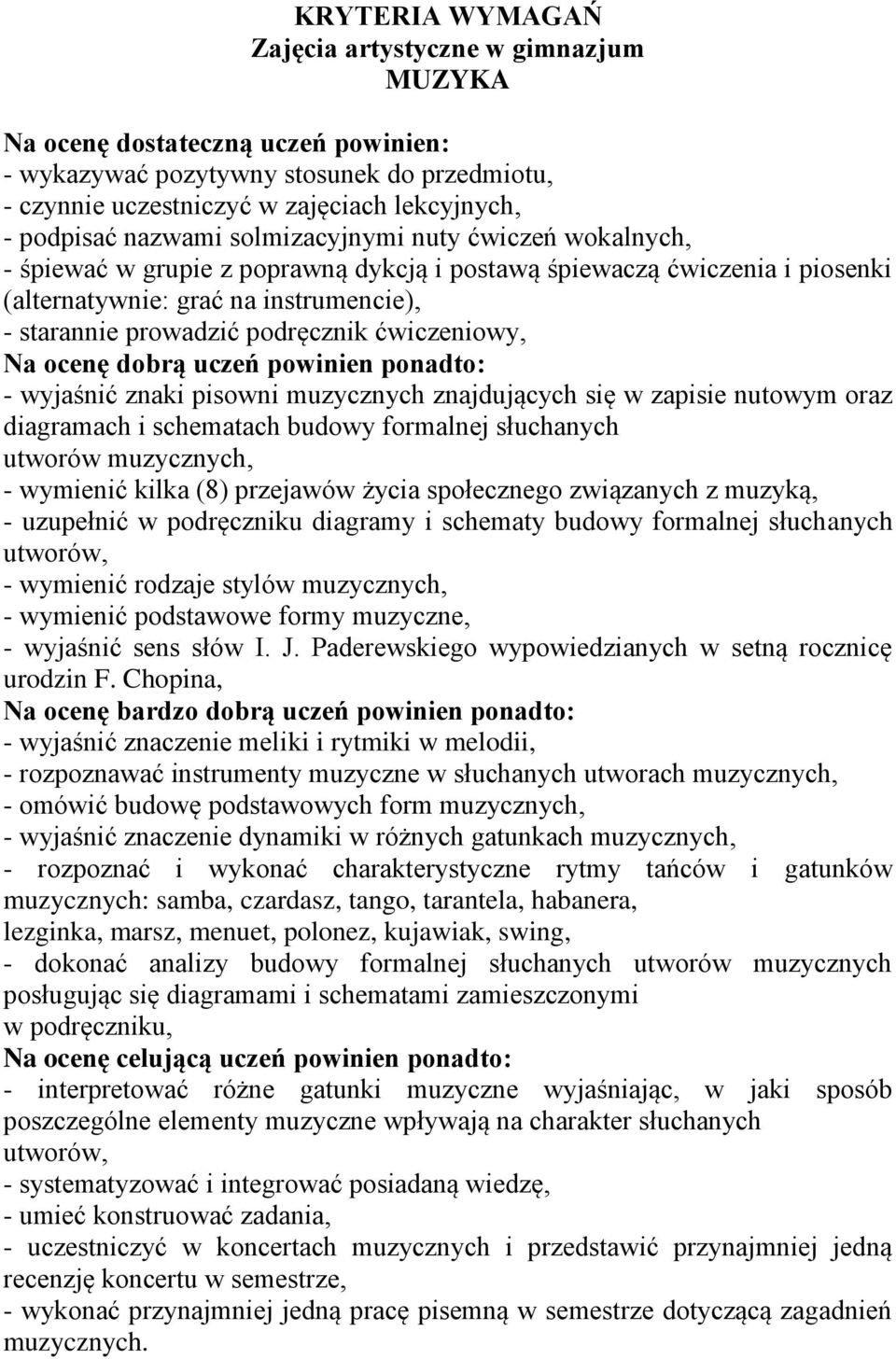 ćwiczeniowy, Na ocenę dobrą uczeń powinien ponadto: - wyjaśnić znaki pisowni muzycznych znajdujących się w zapisie nutowym oraz diagramach i schematach budowy formalnej słuchanych utworów muzycznych,