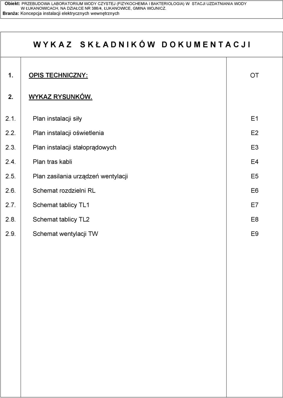 Plan instalacji siły Plan instalacji oświetlenia Plan instalacji stałoprądowych Plan tras kabli
