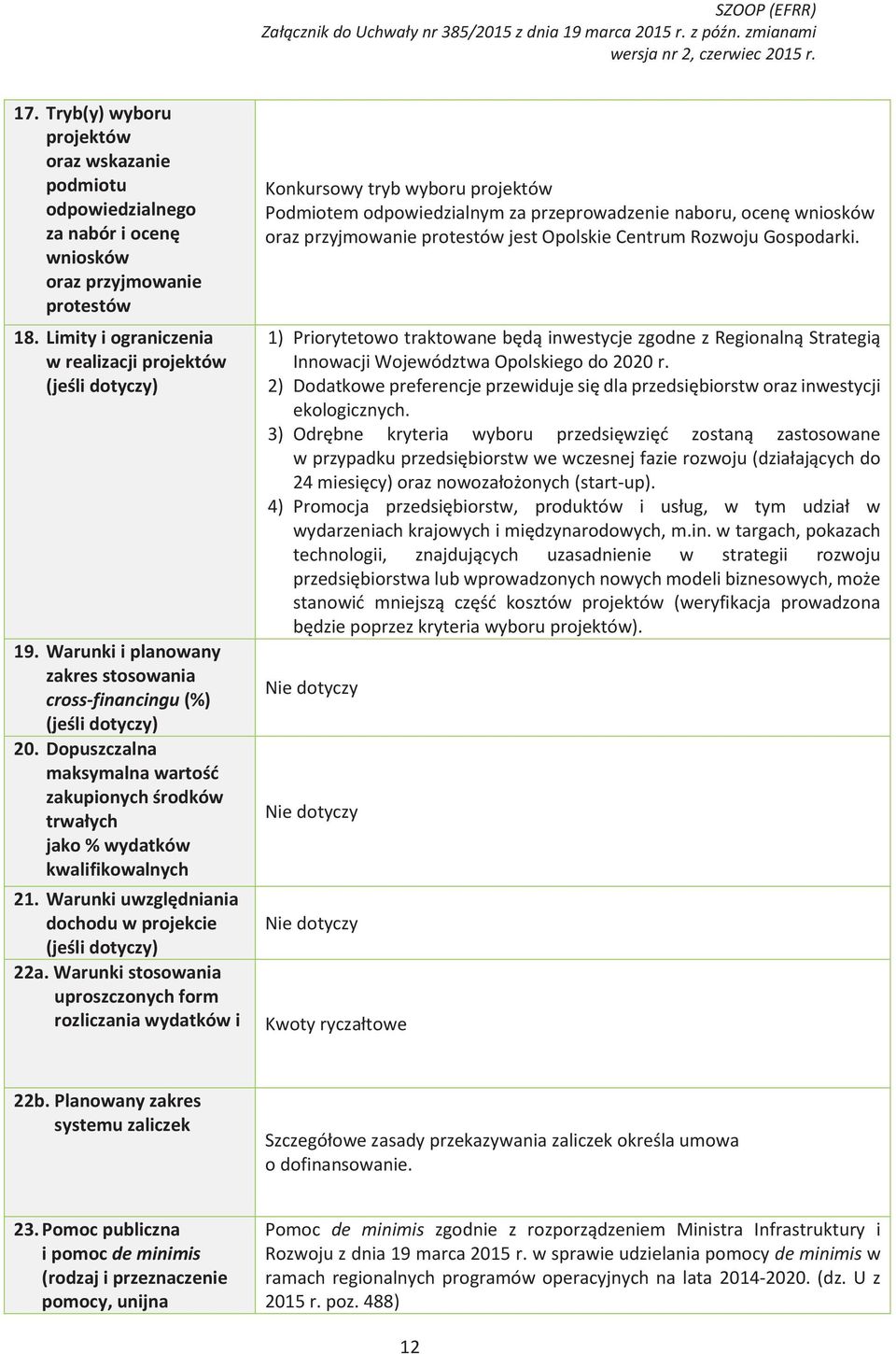 Warunki i planowany zakres stosowania cross-financingu (%) (jeśli dotyczy) 20. Dopuszczalna maksymalna wartość zakupionych środków trwałych jako % wydatków kwalifikowalnych 21.