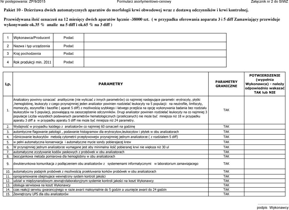 65 % na 3 diff ) 1 Wykonawca/Producent Podać 2 Nazwa i typ urządzenia Podać 3 Kraj pochodzenia Podać 4 Rok produkcji min. 2011 Podać Lp.