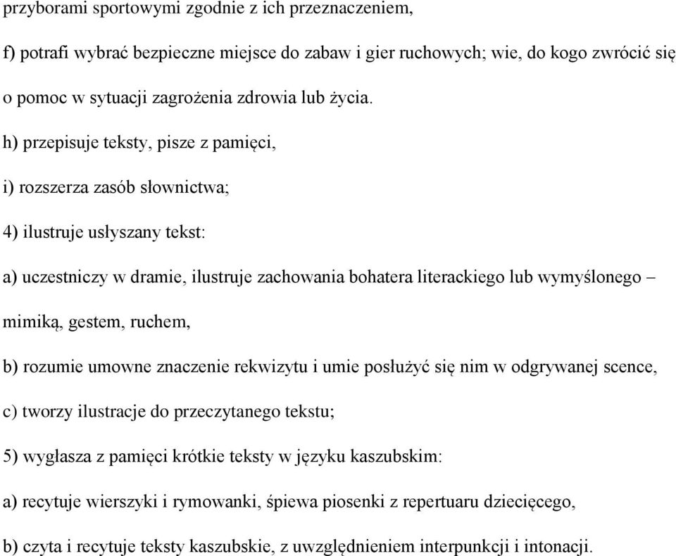 h) przepisuje teksty, pisze z pamięci, i) rozszerza zasób słownictwa; 4) ilustruje usłyszany tekst: a) uczestniczy w dramie, ilustruje zachowania bohatera literackiego lub wymyślonego