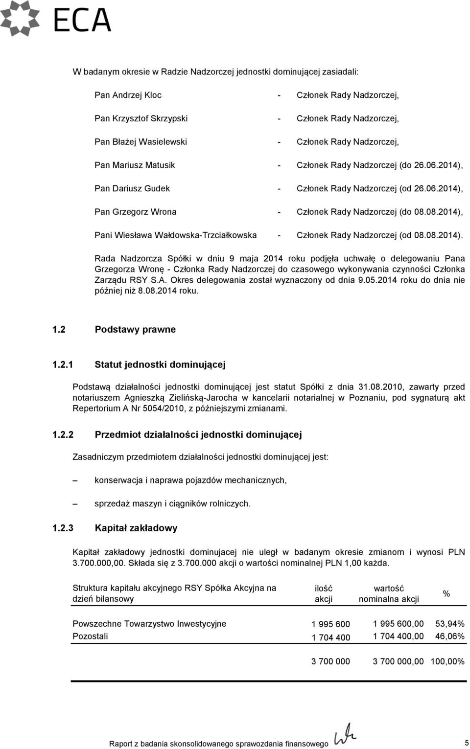 08.2014), Pani Wiesława WałdowskaTrzciałkowska Członek Rady Nadzorczej (od 08.08.2014). Rada Nadzorcza Spółki w dniu 9 maja 2014 roku podjęła uchwałę o delegowaniu Pana Grzegorza Wronę Członka Rady Nadzorczej do czasowego wykonywania czynności Członka Zarządu RSY S.