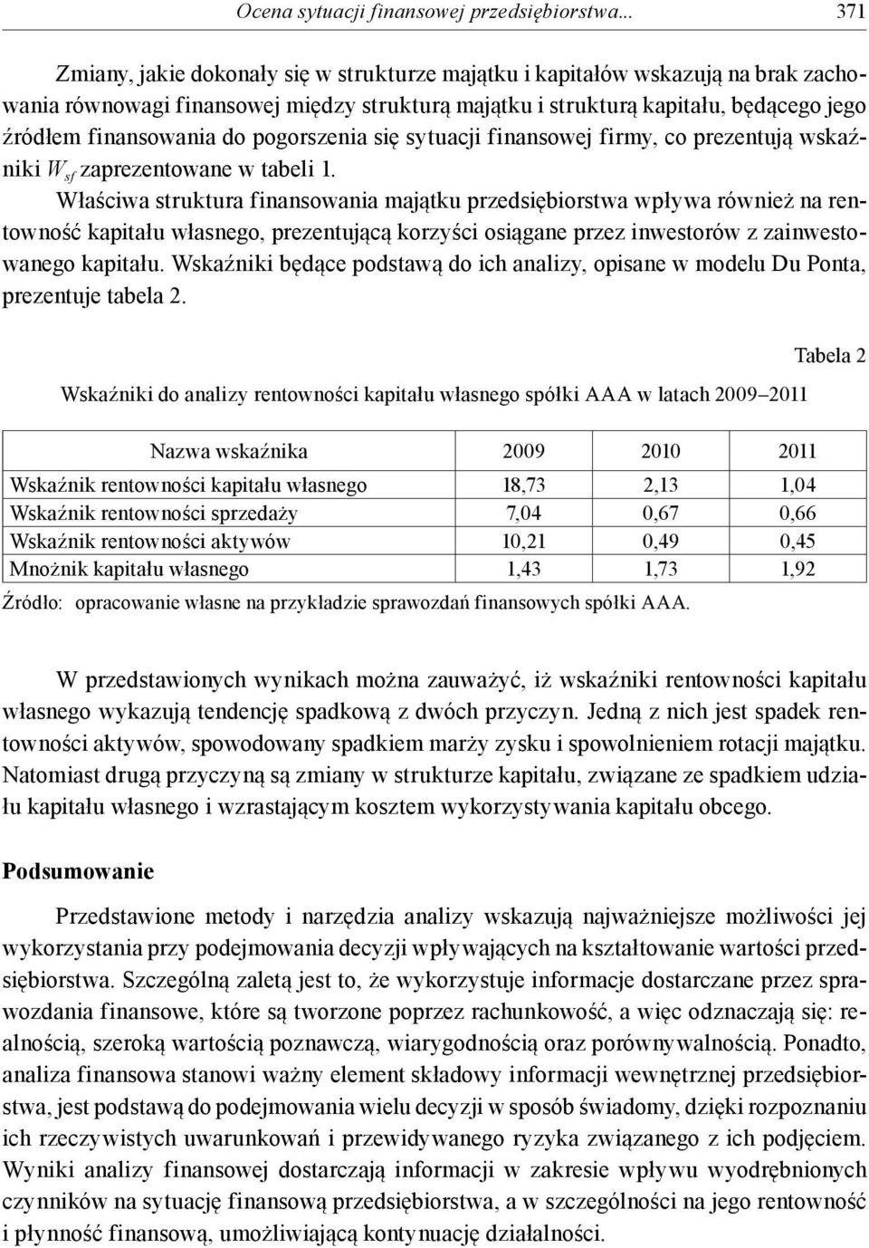 pogorszenia się sytuacji finansowej firmy, co prezentują wsaźnii W sf zaprezentowane w tabeli 1.