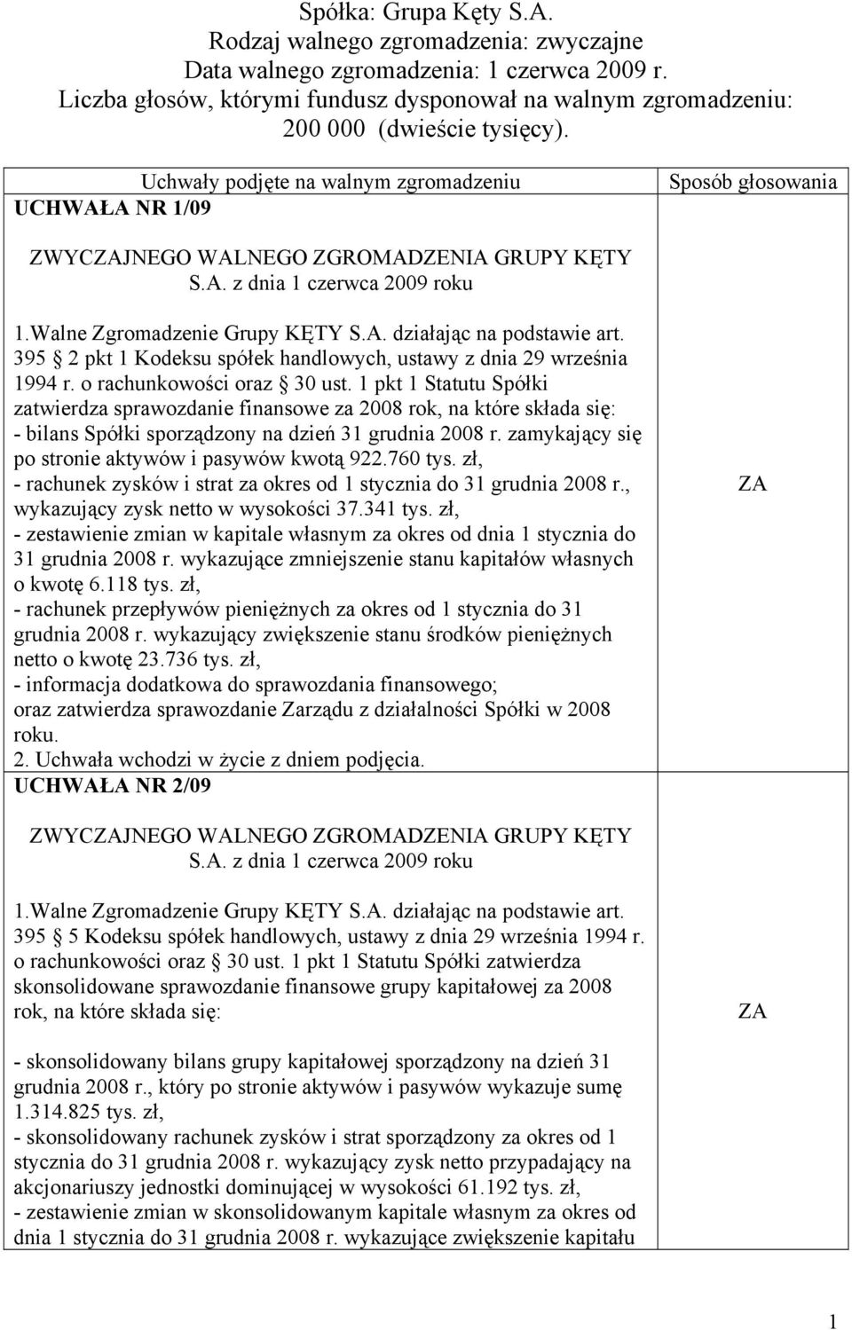 Uchwały podjęte na walnym zgromadzeniu UCHWAŁA NR 1/09 Sposób głosowania ZWYCJNEGO WALNEGO ZGROMADZENIA GRUPY KĘTY S.A. z dnia 1 czerwca 2009 roku 395 2 pkt 1 Kodeksu spółek handlowych, ustawy z dnia 29 września 1994 r.