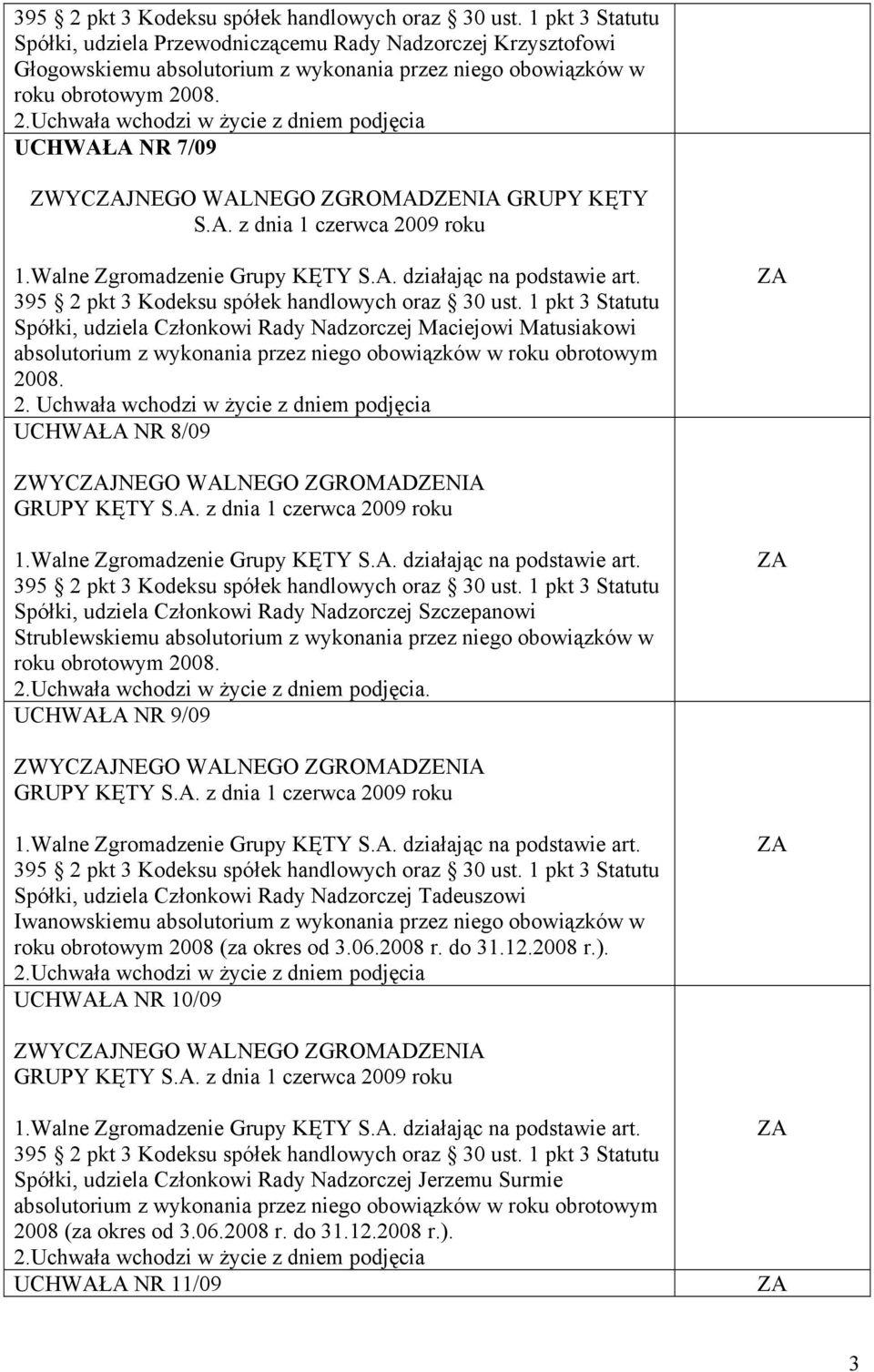 A NR 7/09 ZWYCJNEGO WALNEGO ZGROMADZENIA GRUPY KĘTY S.A. z dnia 1 czerwca 2009 roku Spółki, udziela Członkowi Rady Nadzorczej Maciejowi Matusiakowi absolutorium z wykonania przez niego obowiązków w roku obrotowym 2008.