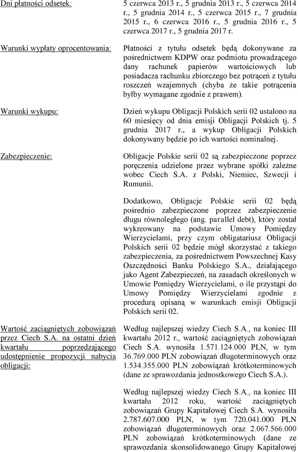 Warunki wypłaty oprocentowania: Warunki wykupu: Zabezpieczenie: Płatności z tytułu odsetek będą dokonywane za pośrednictwem KDPW oraz podmiotu prowadzącego dany rachunek papierów wartościowych lub