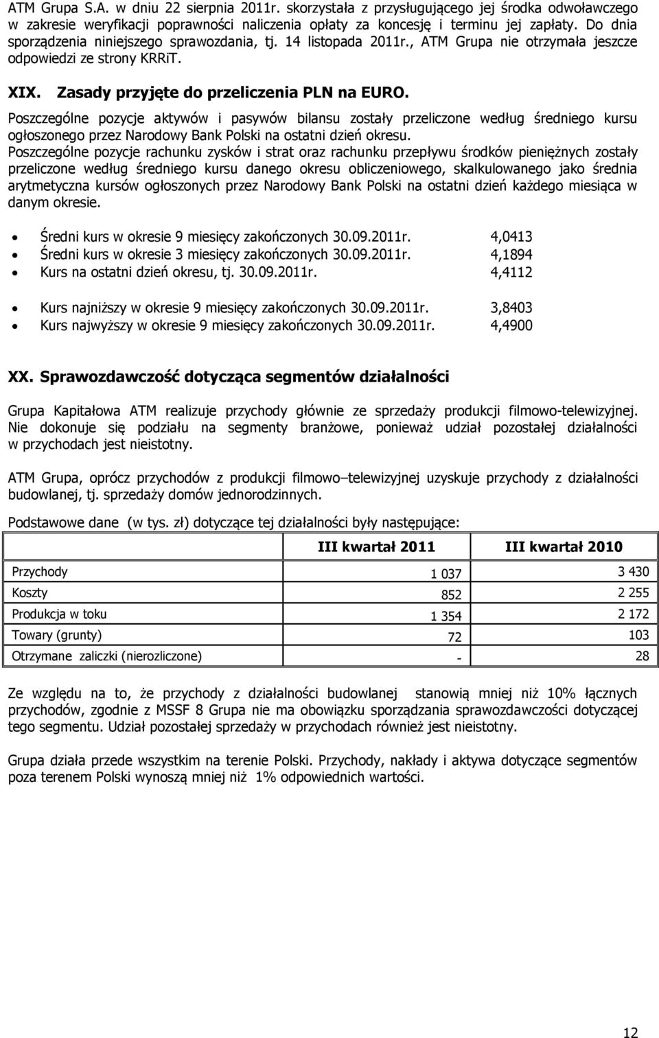 Poszczególne pozycje aktywów i pasywów bilansu zostały przeliczone według średniego kursu ogłoszonego przez Narodowy Bank Polski na ostatni dzień okresu.
