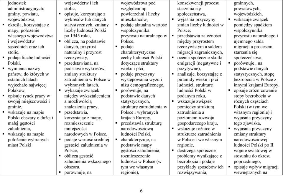 miast Polski województw i ich stolic, opisuje, korzystając z wykresów lub danych statystycznych, zmiany liczby ludności Polski po 1945 roku, oblicza, na podstawie danych, przyrost naturalny i