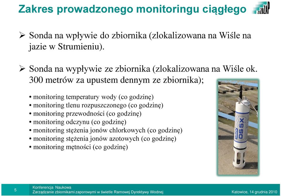 300 metrów za upustem dennym ze zbiornika); monitoring temperatury wody (co godzinę) monitoring tlenu rozpuszczonego (co