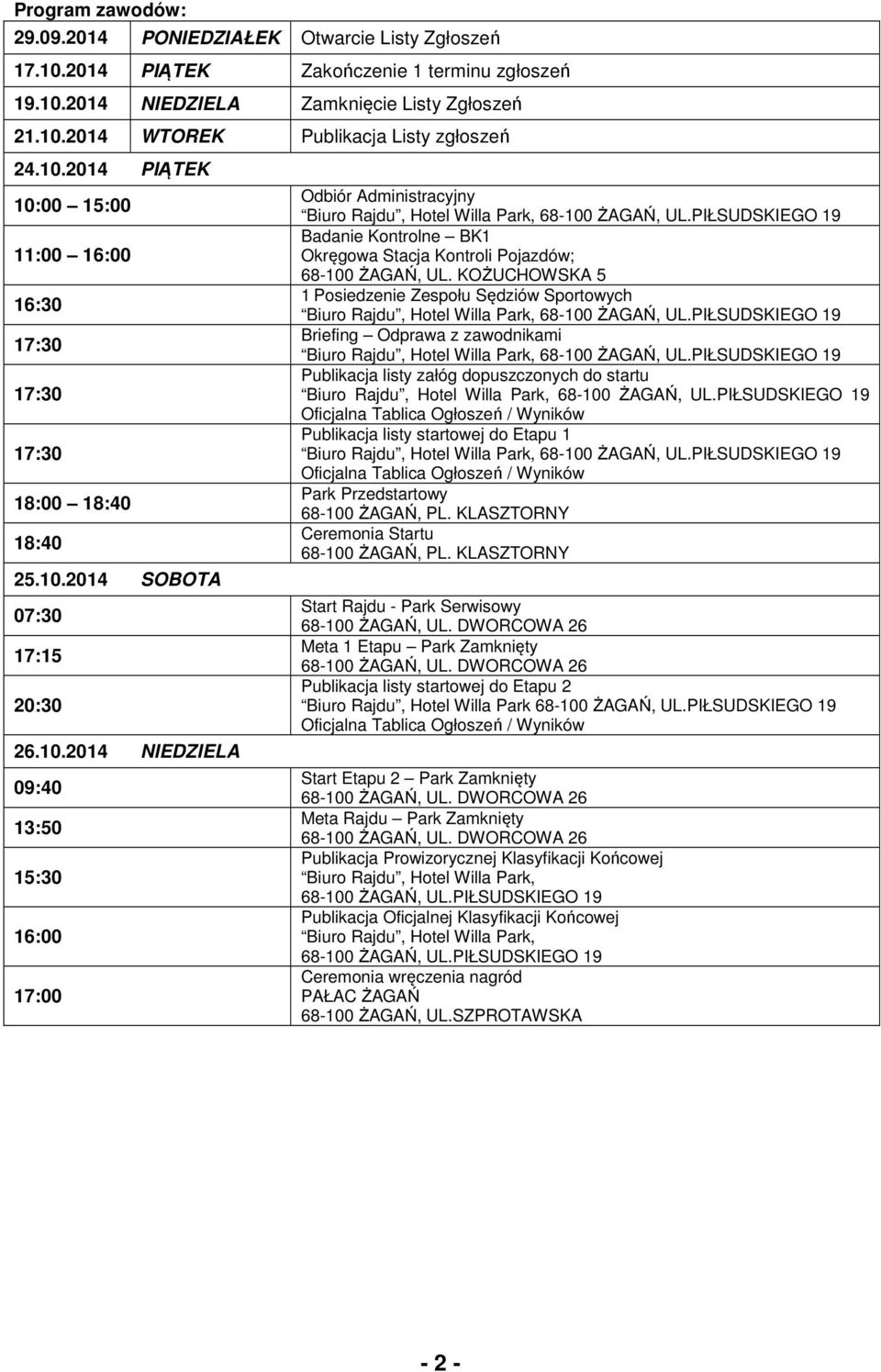 KOŻUCHOWSKA 5 1 Posiedzenie Zespołu Sędziów Sportowych Briefing Odprawa z zawodnikami Publikacja listy załóg dopuszczonych do startu Oficjalna Tablica Ogłoszeń / Wyników Publikacja listy startowej do