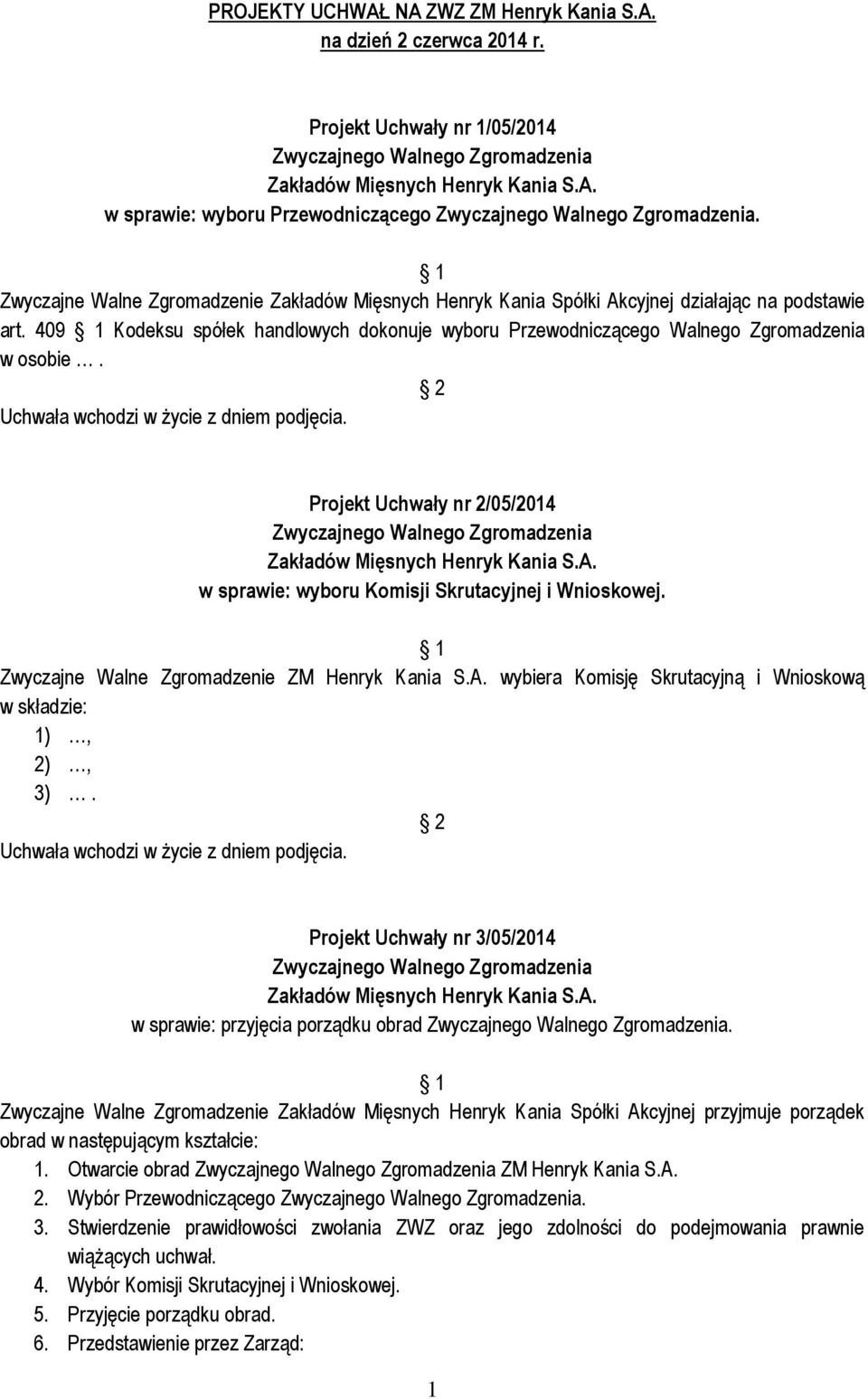 Projekt Uchwały nr 2/05/2014 w sprawie: wyboru Komisji Skrutacyjnej i Wnioskowej. Zwyczajne Walne Zgromadzenie ZM Henryk Kania S.A. wybiera Komisję Skrutacyjną i Wnioskową w składzie: 1), 2), 3).