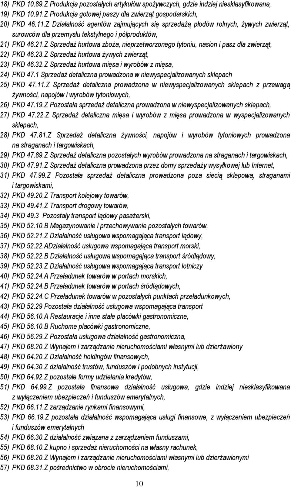 PKD 46.21.Z Sprzedaż hurtowa zboża, nieprzetworzonego tytoniu, nasion i pasz dla zwierząt, 22) PKD 46.23.Z Sprzedaż hurtowa żywych zwierząt, 23) PKD 46.32.