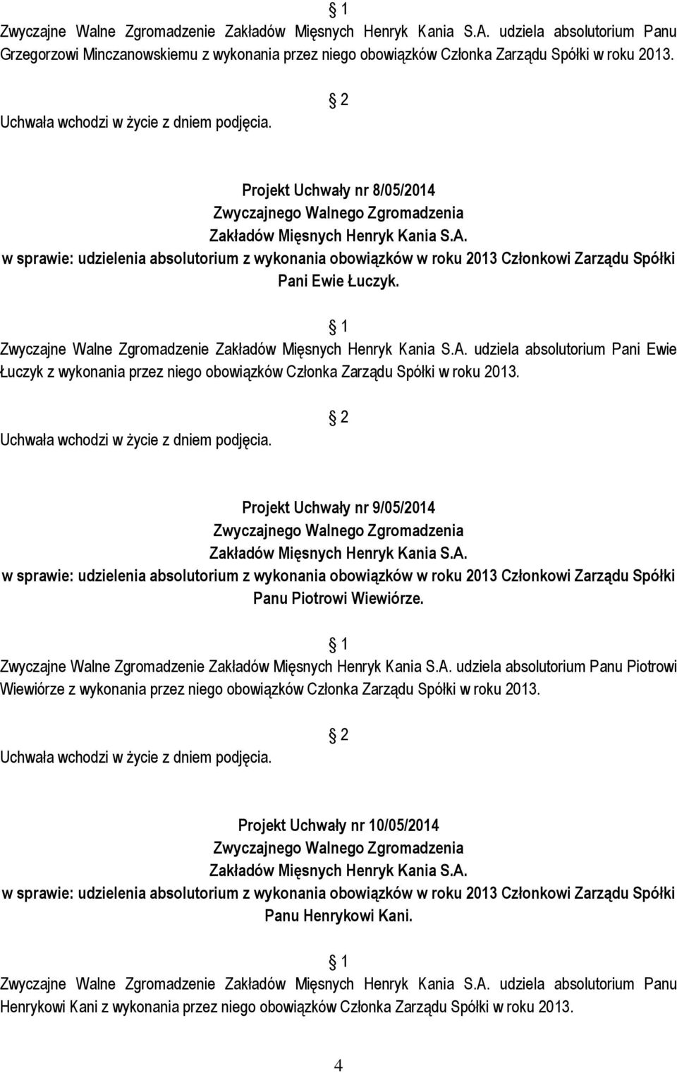 Zwyczajne Walne Zgromadzenie udziela absolutorium Pani Ewie Łuczyk z wykonania przez niego obowiązków Członka Zarządu Spółki w roku 2013.