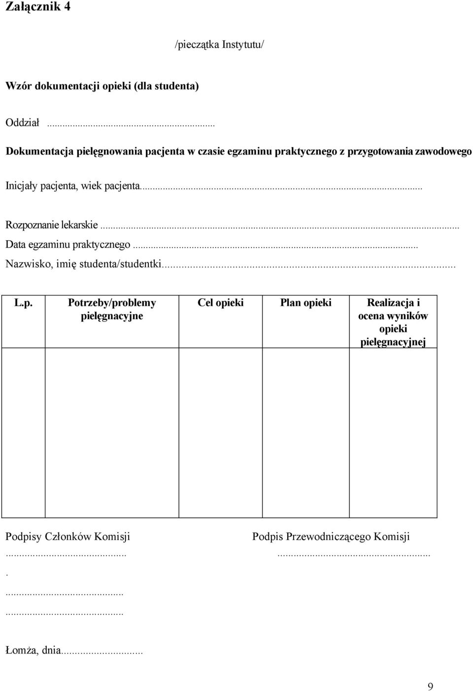 pacjenta... Rozpoznanie lekarskie... Data egzaminu praktycznego... Nazwisko, imię studenta/studentki... L.p.