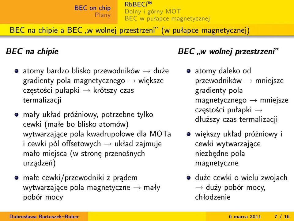 dze«) maªe cewki/przewodniki z pr dem wytwarzaj ce pola magnetyczne maªy pobór mocy BEC w wolnej przestrzeni atomy daleko od przewodników mniejsze gradienty pola magnetycznego mniejsze cz sto±ci