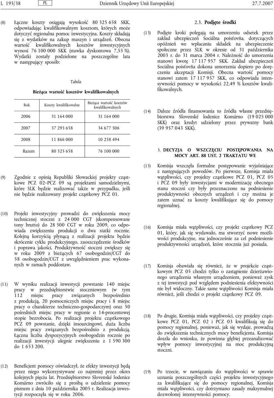 Wydatki zostały podzielone na poszczególne lata w następujący sposób: Rok Tabela Bieżąca wartość kosztów kwalifikowalnych Koszty kwalifikowalne Bieżąca wartość kosztów kwalifikowalnych 2006 31 164