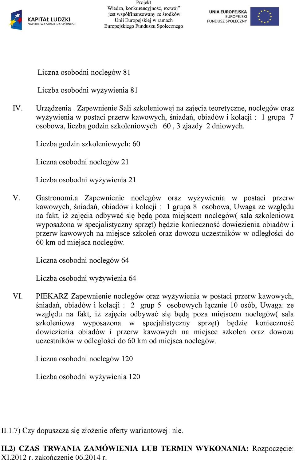 Liczba gdzin szkleniwych: 60 Liczna sbdni nclegów 21 Liczba sbdni wyżywienia 21 V. Gastrnmi.