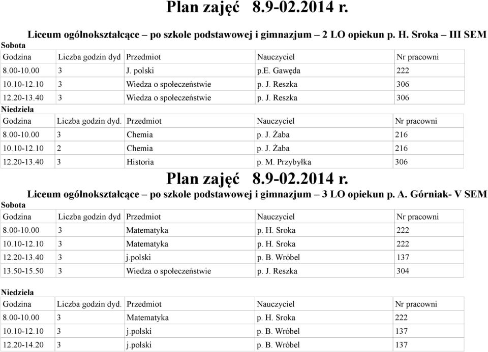 Liceum ogólnokształcące po szkole podstawowej i gimnazjum 3 LO opiekun p. A. Górniak- V SEM 8.00-10.00 3 Matematyka p. H. Sroka 222 10.10-12.10 3 Matematyka p. H. Sroka 222 12.20-13.40 3 j.