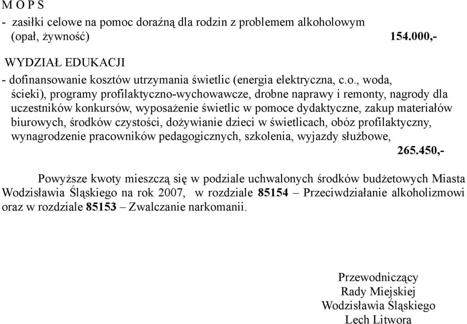 oc doraźną dla rodzin z problemem alkoholowym (opał, żywność) 154.000,- WYDZIAŁ EDUKACJI - dofinansowanie kosztów utrzymania świetlic (energia elektryczna, c.o., woda, ścieki), programy