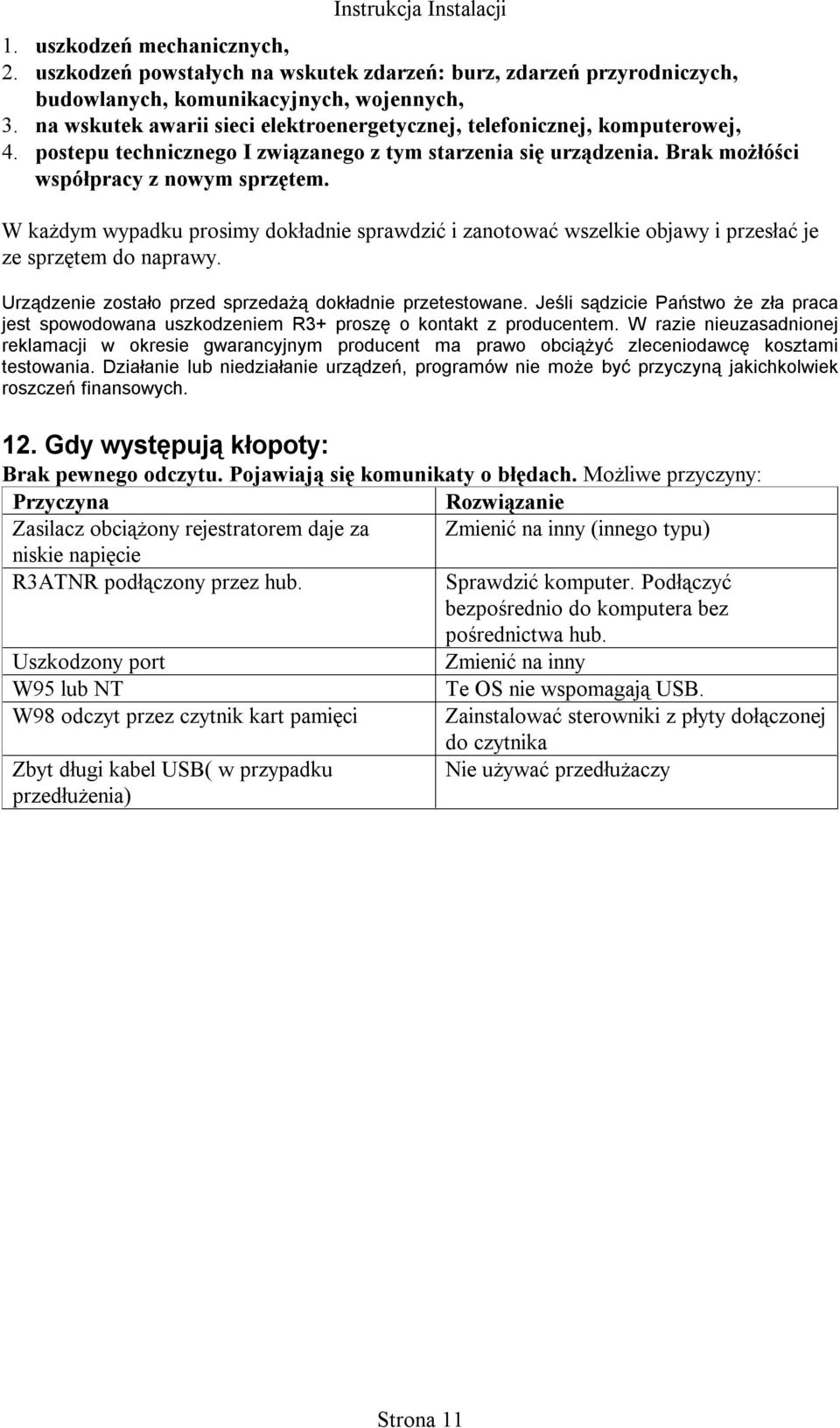 W każdym wypadku prosimy dokładnie sprawdzić i zanotować wszelkie objawy i przesłać je ze sprzętem do naprawy. Urządzenie zostało przed sprzedażą dokładnie przetestowane.