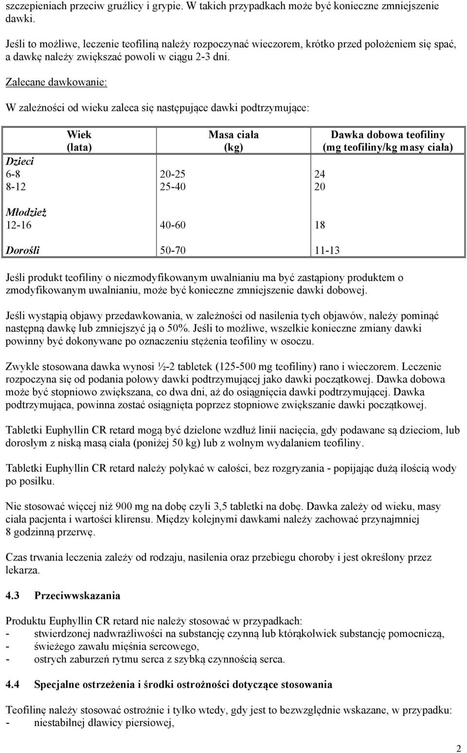 Zalecane dawkowanie: W zależności od wieku zaleca się następujące dawki podtrzymujące: Dzieci 6-8 8-12 Wiek (lata) 20-25 25-40 Masa ciała (kg) 24 20 Dawka dobowa teofiliny (mg teofiliny/kg masy