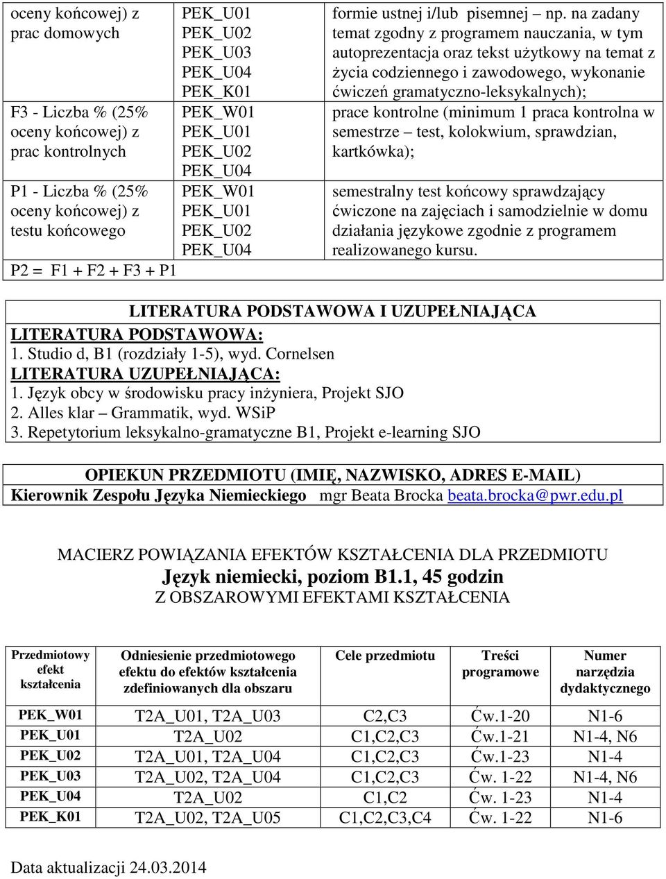 (minimum 1 praca kontrolna w semestrze test, kolokwium, sprawdzian, kartkówka); semestralny test końcowy sprawdzający ćwiczone na zajęciach i samodzielnie w domu działania językowe zgodnie z