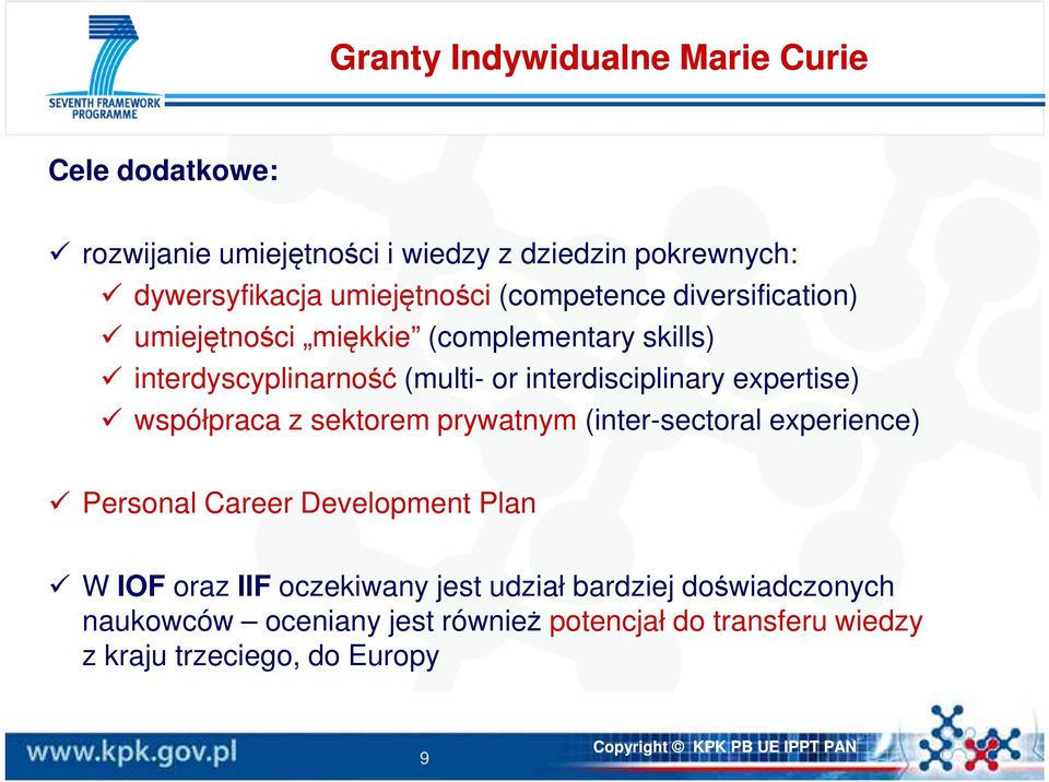 interdisciplinary expertise) współpraca z sektorem prywatnym (inter-sectoral experience) Personal Career Development Plan W IOF