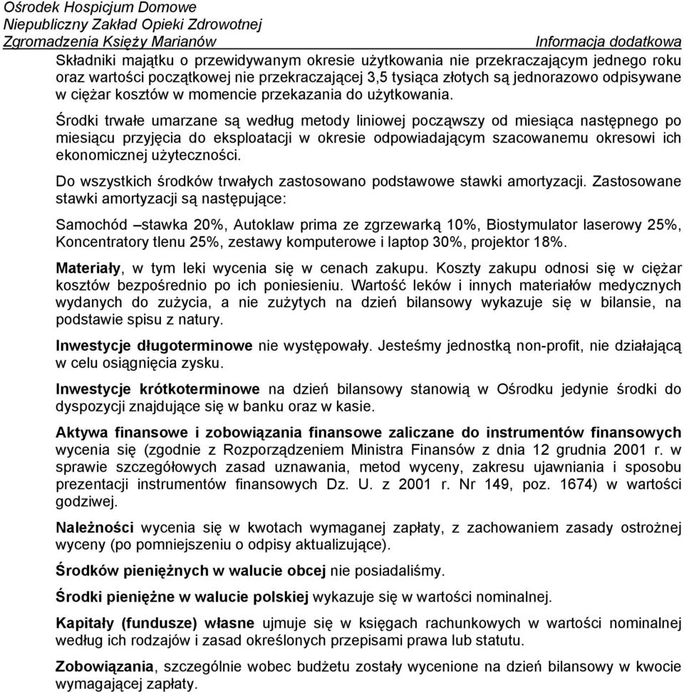 Środki trwałe umarzane są według metody liniowej począwszy od miesiąca następnego po miesiącu przyjęcia do eksploatacji w okresie odpowiadającym szacowanemu okresowi ich ekonomicznej użyteczności.
