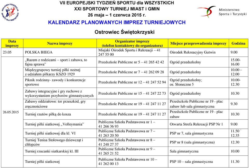 konkurencje sportowe Zabawy integracyjne i gry ruchowe z wykorzystaniem przyborów gimnastycznych Zabawy oddziałowe: tor przeszkód, gry zręcznościowe Ostrowiec Świętokrzyski Organizator imprezy