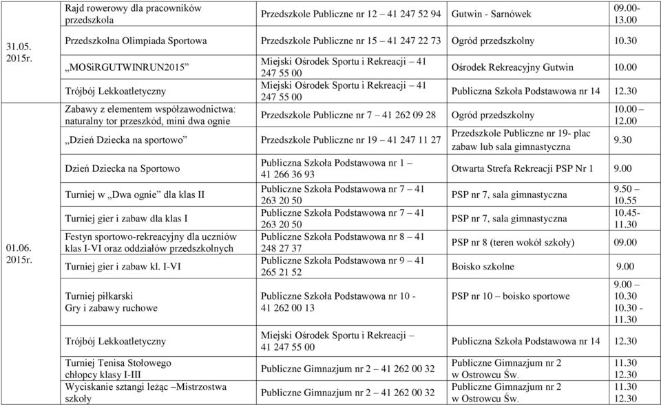 Przedszkolna Olimpiada Sportowa Przedszkole Publiczne nr 15 41 247 22 73 MOSiRGUTWINRUN2015 Zabawy z elementem współzawodnictwa: naturalny tor przeszkód, mini dwa ognie Dzień Dziecka na sportowo