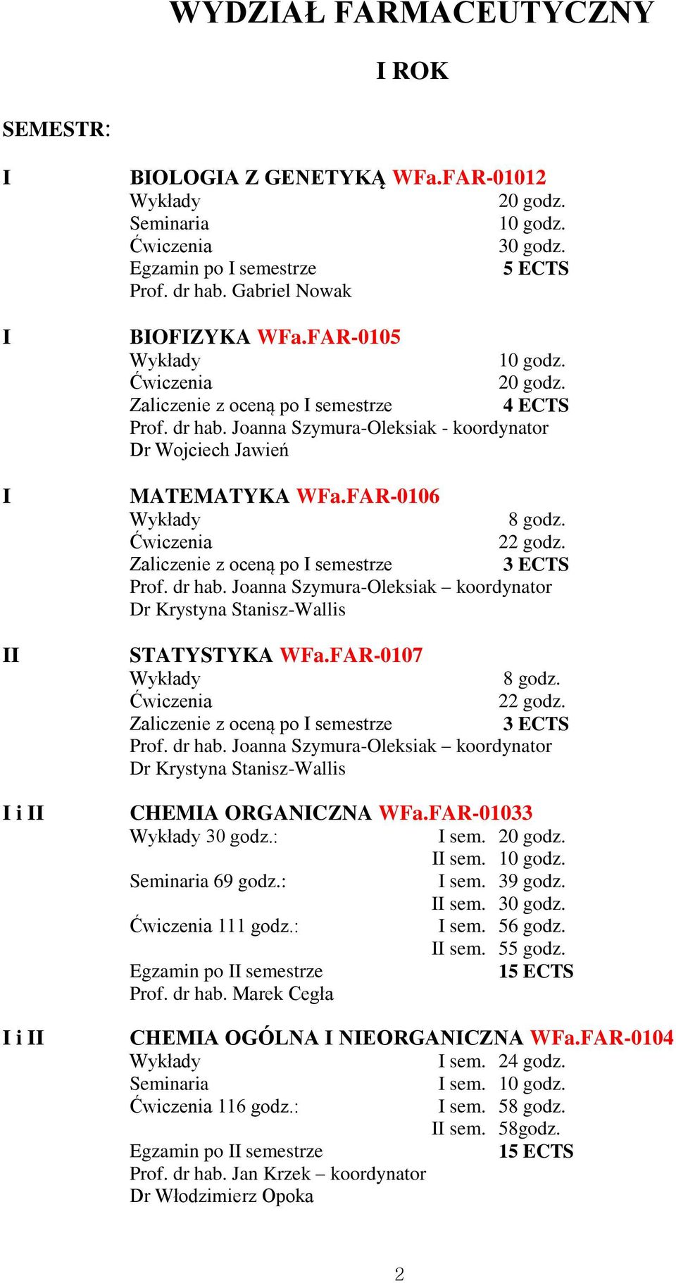 FAR-0107 8 godz. 22 godz. 3 ECTS z oceną po I semestrze Prof. dr hab. Joanna Szymura-Oleksiak koordynator Dr Krystyna Stanisz-Wallis CHEMIA ORGANICZNA WFa.FAR-01033 : I sem. 20 godz. II sem. 69 godz.