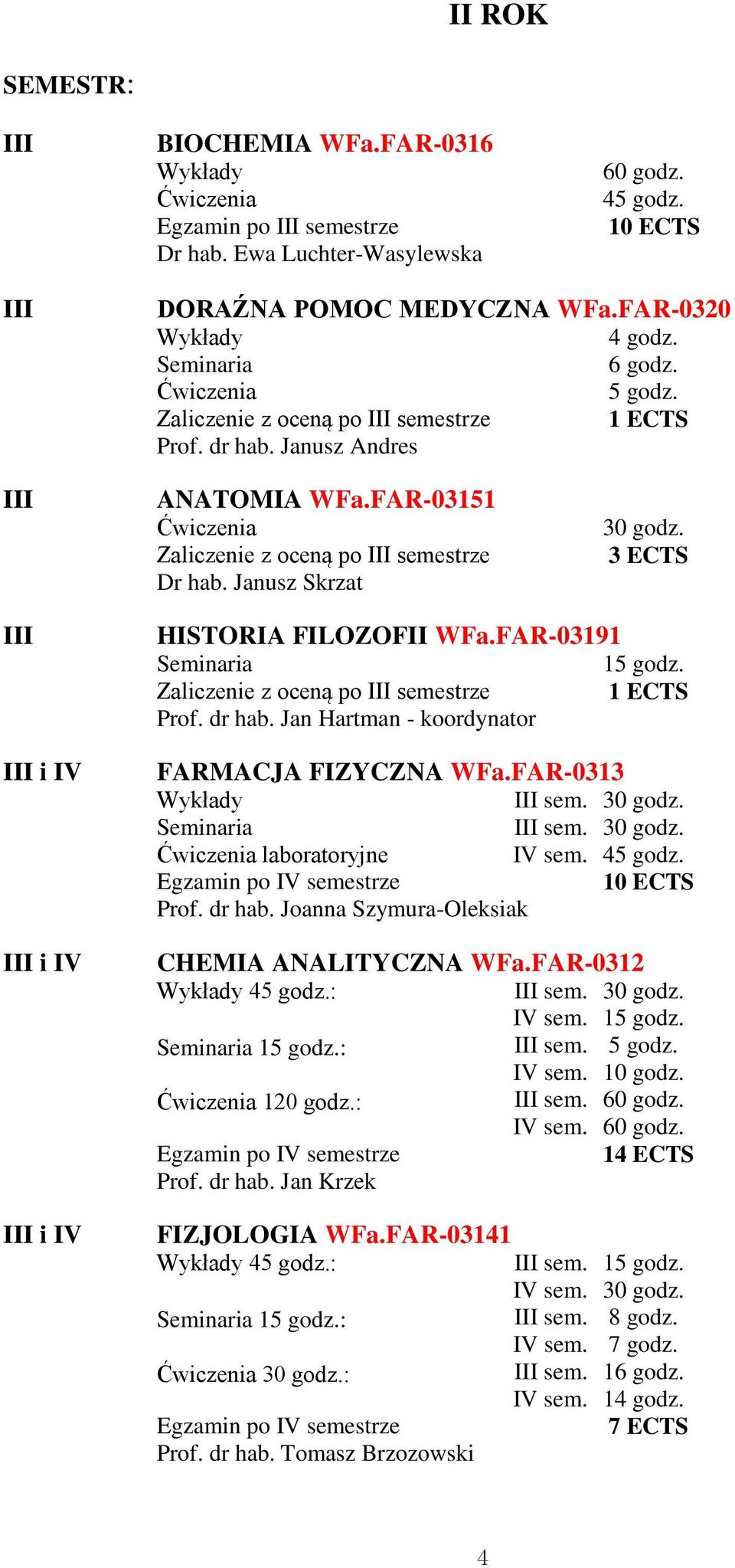 FAR-03191 z oceną po III semestrze Prof. dr hab. Jan Hartman - koordynator FARMACJA FIZYCZNA WFa.FAR-0313 III sem. III sem. laboratoryjne IV sem. 45 godz. Egzamin po IV semestrze 10 ECTS Prof. dr hab. Joanna Szymura-Oleksiak CHEMIA ANALITYCZNA WFa.