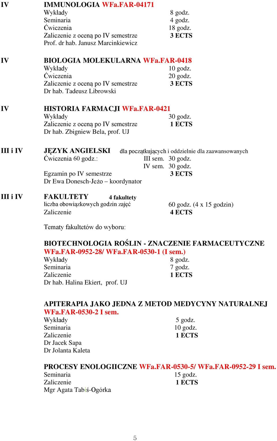 UJ III i IV JĘZYK ANGIELSKI dla początkujących i oddzielnie dla zaawansowanych 60 godz.: III sem. IV sem.