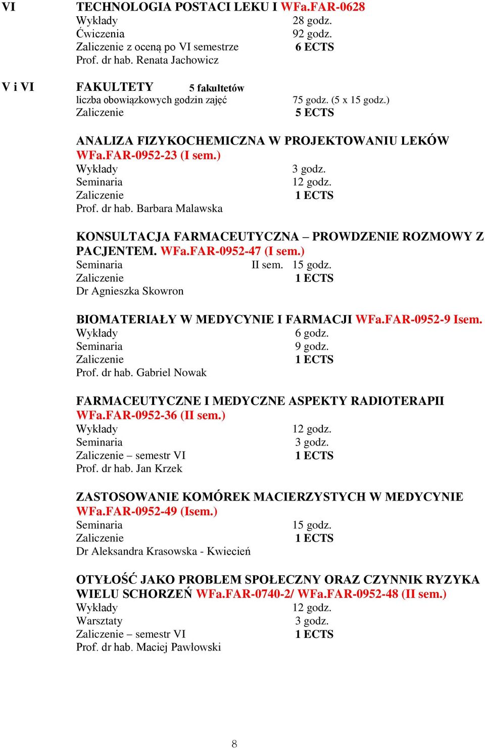 ) II sem. Dr Agnieszka Skowron BIOMATERIAŁY W MEDYCYNIE I FARMACJI WFa.FAR-0952-9 Isem. 6 godz. 9 godz. Prof. dr hab. Gabriel Nowak FARMACEUTYCZNE I MEDYCZNE ASPEKTY RADIOTERAPII WFa.