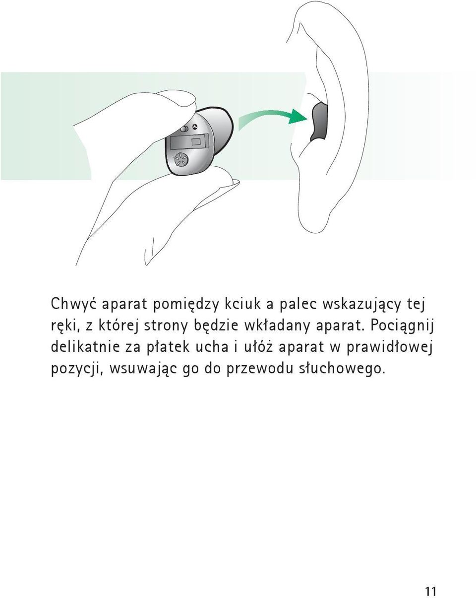 Pociągnij delikatnie za płatek ucha i ułóż aparat w