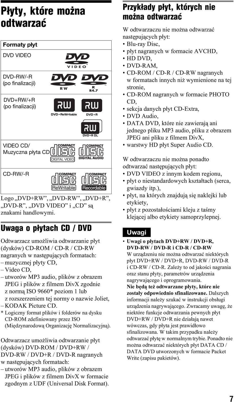 Uwaga o p³ytach CD / DVD Odtwarzacz umo liwia odtwarzanie p yt (dysków) CD-ROM / CD-R / CD-RW nagranych w nast puj cych formatach: muzycznej p yty CD, Video CD, utworów MP3 audio, plików z obrazem