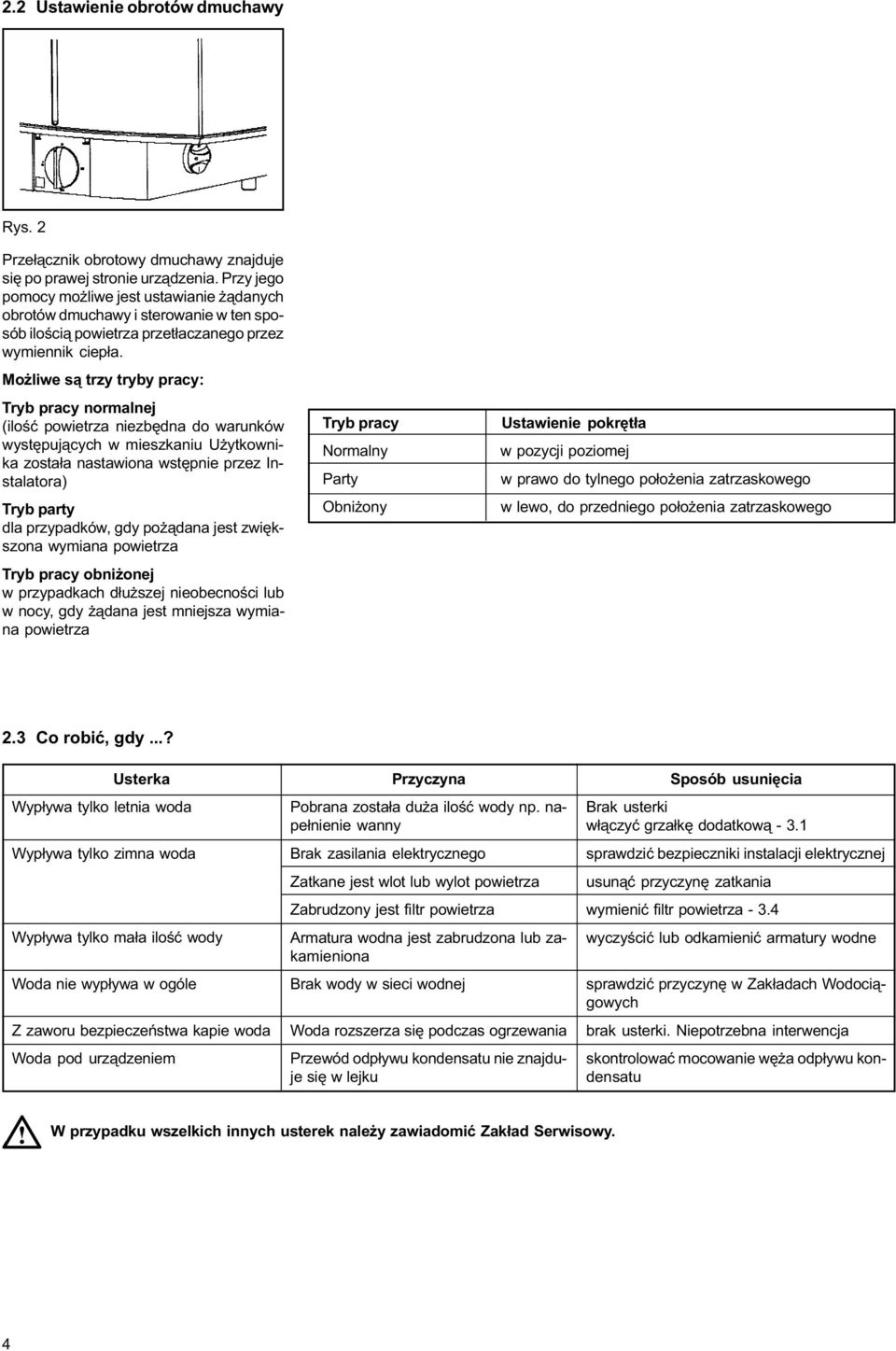 Mo liwe s¹ trzy tryby pracy: Tryb pracy normalnej (iloœæ powietrza niezbêdna do warunków wystêpuj¹cych w mieszkaniu U ytkownika zosta³a nastawiona wstêpnie przez Instalatora) Tryb party dla