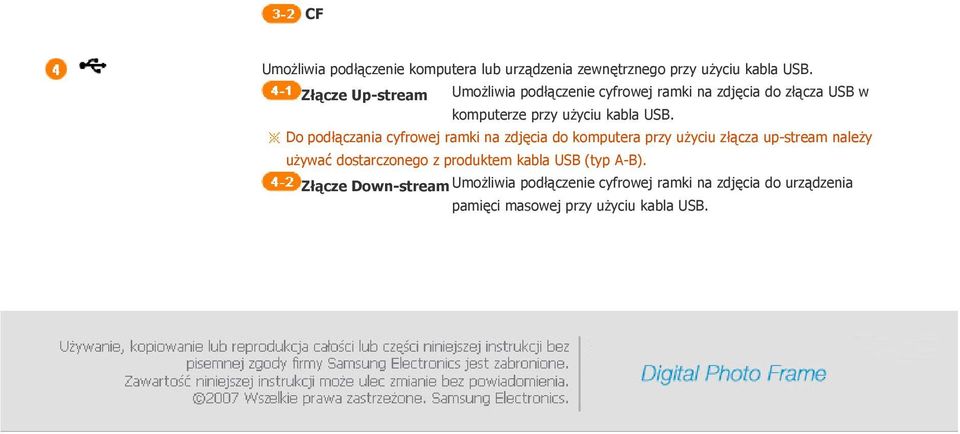 Do podłączania cyfrowej ramki na zdjęcia do komputera przy użyciu złącza up-stream należy używać dostarczonego z