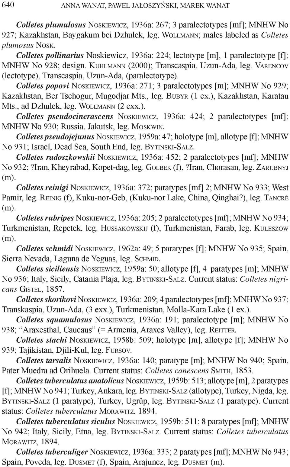 Varencov (lectotype), Transcaspia, Uzun-Ada, (paralectotype). Colletes popovi Noskiewicz, 1936a: 271; 3 paralectotypes [m]; MNHW No 929; Kazakhstan, Ber Tschogur, Mugodjar Mts., leg. Bubyr (1 ex.