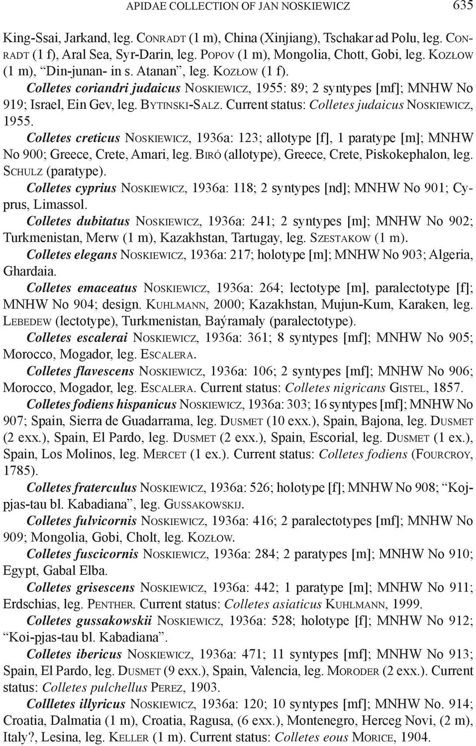 Bytinski-Salz. Current status: Colletes judaicus Noskiewicz, 1955. Colletes creticus Noskiewicz, 1936a: 123; allotype [f], 1 paratype [m]; MNHW No 900; Greece, Crete, Amari, leg.