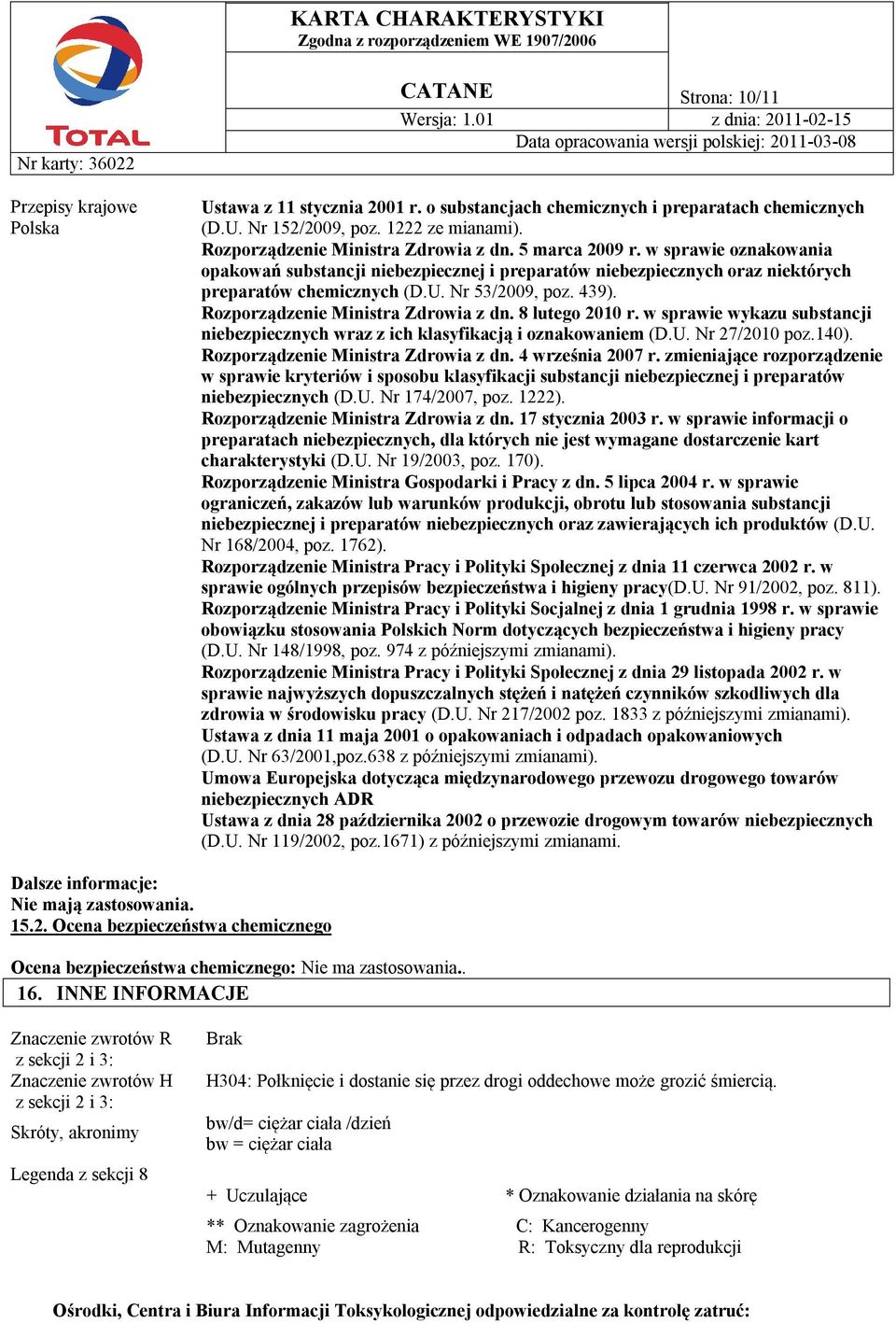 Nr 53/2009, poz. 439). Rozporządzenie Ministra Zdrowia z dn. 8 lutego 2010 r. w sprawie wykazu substancji niebezpiecznych wraz z ich klasyfikacją i oznakowaniem (D.U. Nr 27/2010 poz.140).