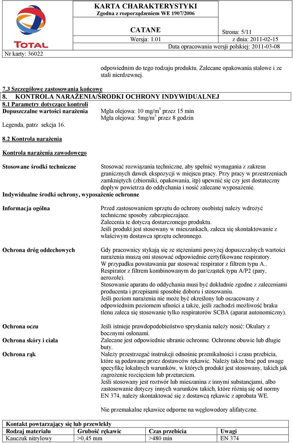 2 Kontrola narażenia Kontrola narażenia zawodowego Mgła olejowa: 10 mg/m 3 przez 15 min Mgła olejowa: 5mg/m 3 przez 8 godzin Stosowane środki techniczne Stosować rozwiązania techniczne, aby spełnić
