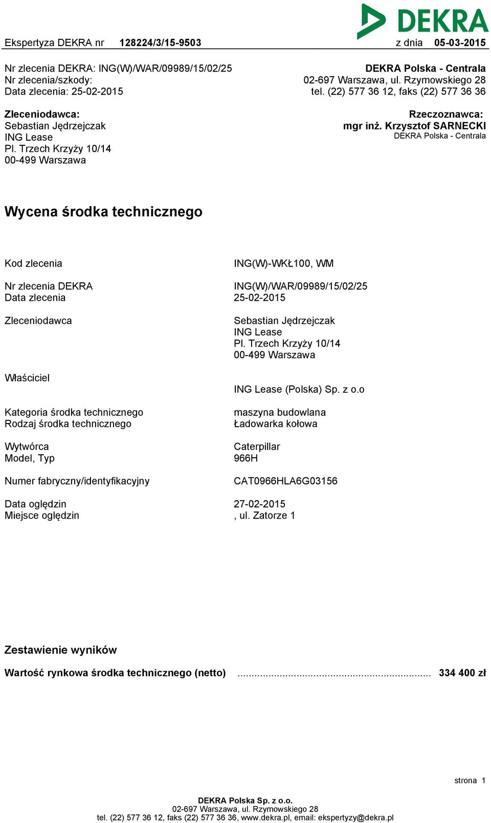 Krzysztof SARNECKI DEKRA Polska - Centrala Wycena środka technicznego Kod zlecenia ING(W)-WKŁ100, WM Nr zlecenia DEKRA Data zlecenia ING(W)/WAR/09989/15/02/25 25-02-2015 Zleceniodawca Sebastian