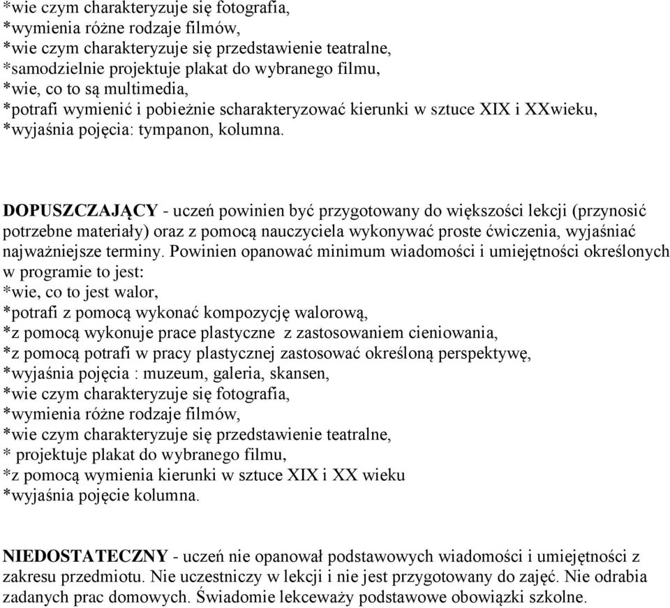 DOPUSZCZAJĄCY - uczeń powinien być przygotowany do większości lekcji (przynosić potrzebne materiały) oraz z pomocą nauczyciela wykonywać proste ćwiczenia, wyjaśniać najważniejsze terminy.