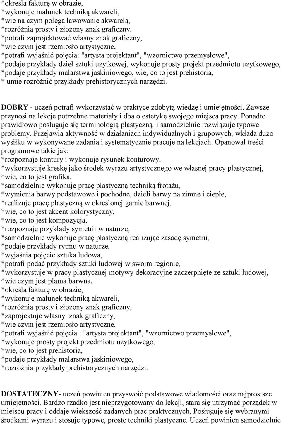 *podaje przykłady malarstwa jaskiniowego, wie, co to jest prehistoria, * umie rozróżnić przykłady prehistorycznych narzędzi. DOBRY - uczeń potrafi wykorzystać w praktyce zdobytą wiedzę i umiejętności.