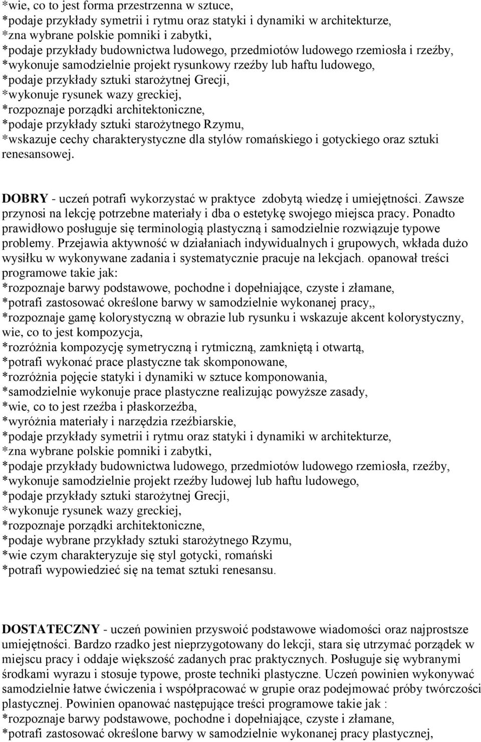 *rozpoznaje porządki architektoniczne, *podaje przykłady sztuki starożytnego Rzymu, *wskazuje cechy charakterystyczne dla stylów romańskiego i gotyckiego oraz sztuki renesansowej.