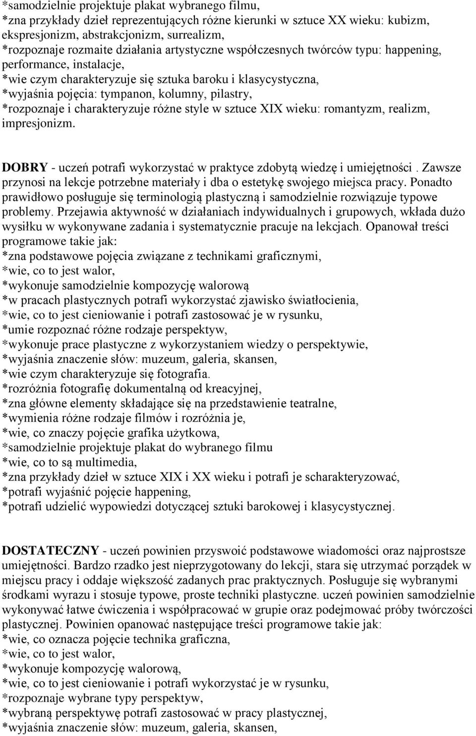 *rozpoznaje i charakteryzuje różne style w sztuce XIX wieku: romantyzm, realizm, impresjonizm. DOBRY - uczeń potrafi wykorzystać w praktyce zdobytą wiedzę i umiejętności.